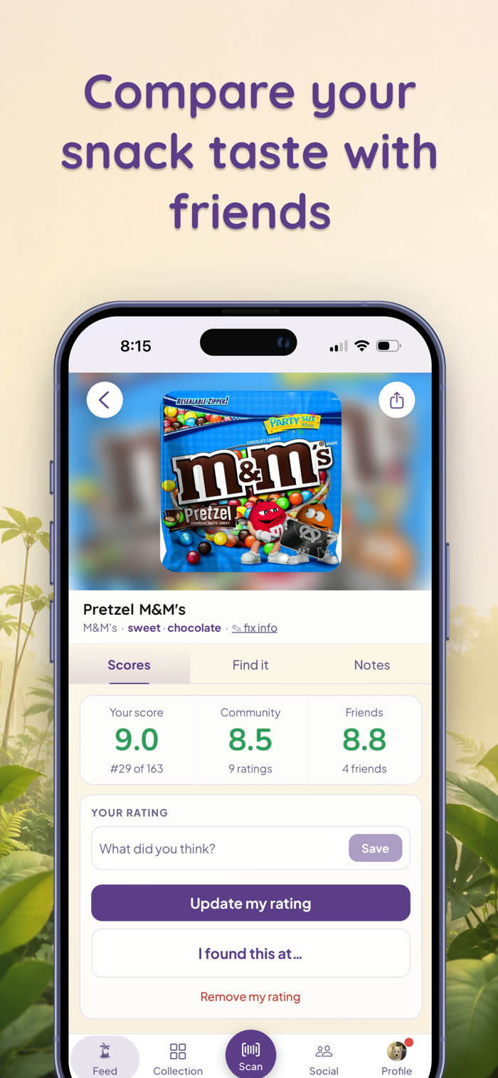 Snack Isle app screenshot: a snack's score page showing your rating, the community score, and your friends' average