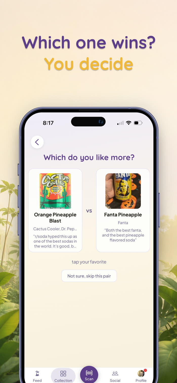 Snack Isle app screenshot: a head-to-head duel asking which of two snacks you like more