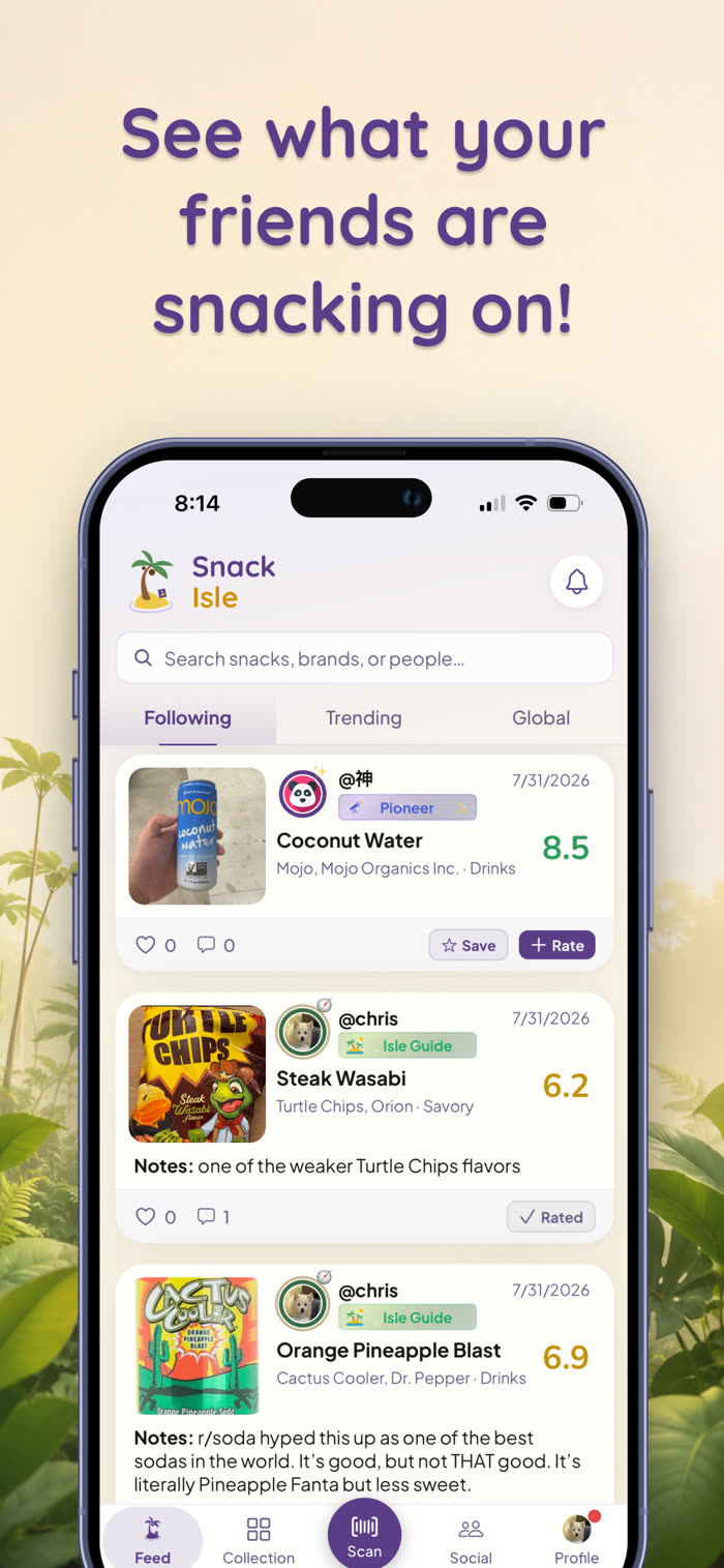 Snack Isle app screenshot: the feed showing friends' snack ratings and notes